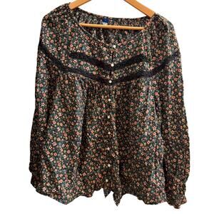Old Navy Women's Floral Button-Down Blouse‎ Green Peach Ditsy Print Lace Yoke XL